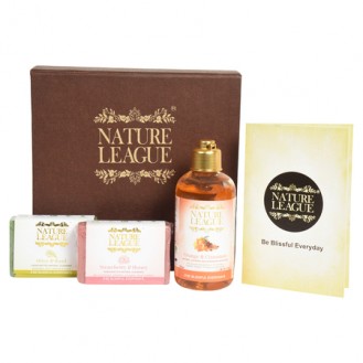 NATURE LEAGUE GIFT BOX | ORANGE & CINNAMON - NATURAL BODY WASH – 200 ml | OLIVE & BASIL + STRAWBERY & HONEY - NATURAL HANDMADE SOAP – 100 gm EACH | NO SULPHATE, PARABEN, PHTHALATE | ANIMAL CRUELTY FREE (1 Items in the set)